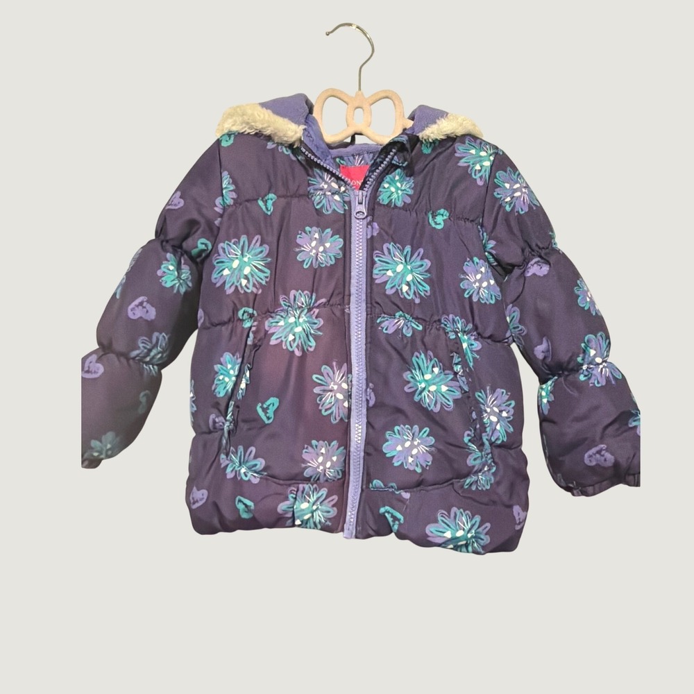 London Fog Girls Purple Floral Puffer Jacket Faux Fur Hood Coat Size 4 L216997